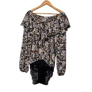 Free People Floral Off The Shoulder Bodysuit Black Lace‎ Trim Ruffle Top M